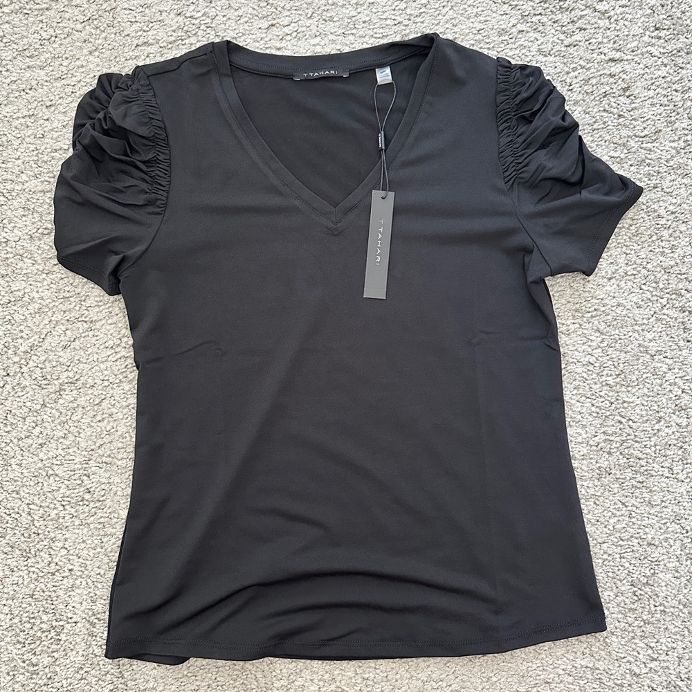 T Tahari Ruched Sleeve V-Neck T-Shirt - Black - Picture 4 of 6